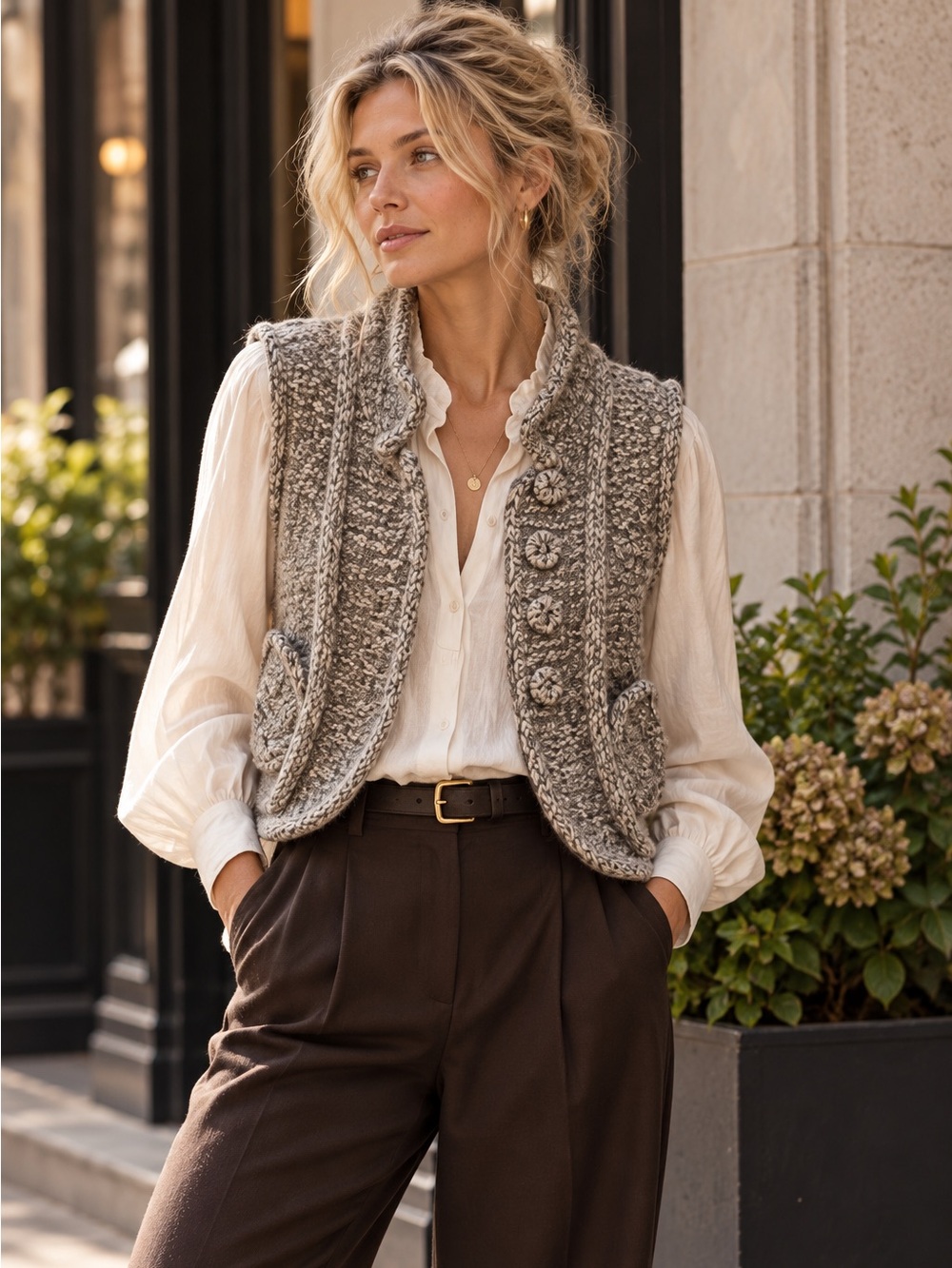 Mischen Alpaca Wool Blend Knit Vest Gray Button Front Size M